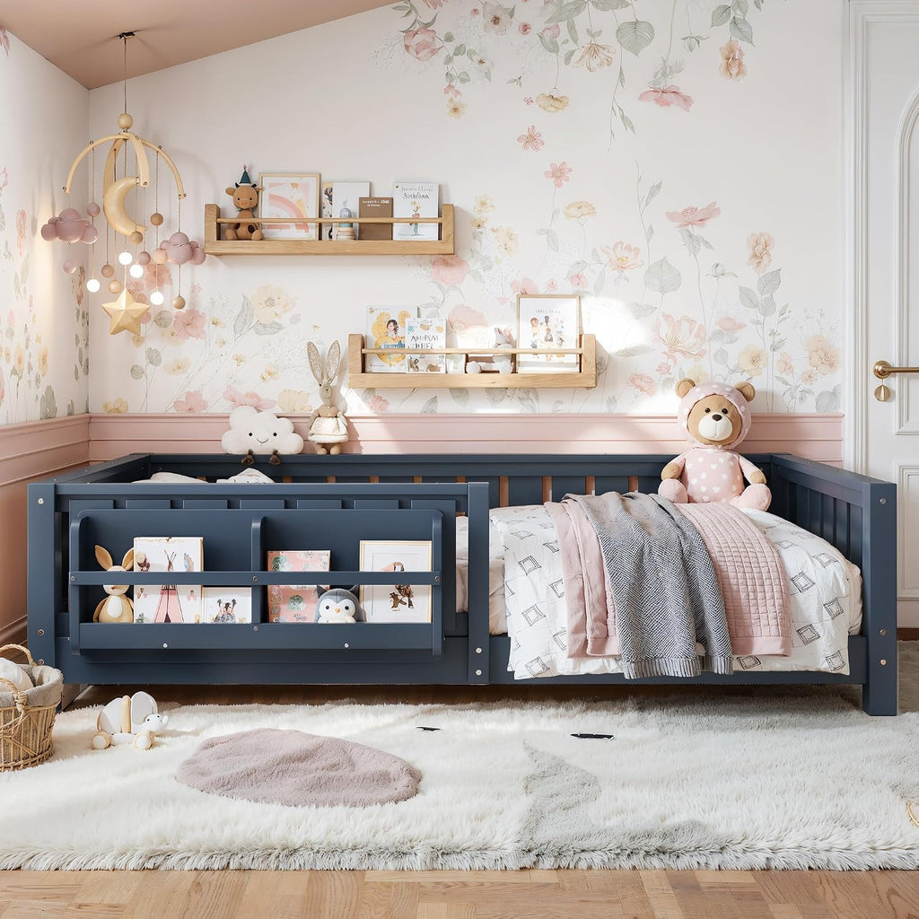 Bellemave Twin Floor Bed with Rails and Slats, Twin Size Montessori Floor Bed with Bookshelf and Fence, Easy Assemble Montessori Beds Frame for Girls, Boys, Blue