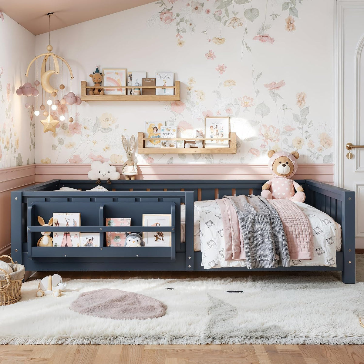 Bellemave Twin Floor Bed with Rails and Slats, Twin Size Montessori Floor Bed with Bookshelf and Fence, Easy Assemble Montessori Beds Frame for Girls, Boys, Blue