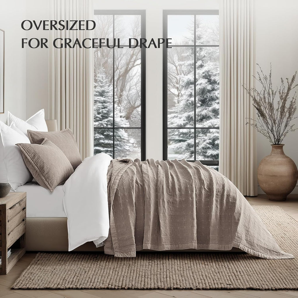 EVERGRACEHOME Stonewashed Cotton Quilt Set King Size, Ultra Soft Oversized Bedspread Coverlet Set, Lightweight Crinkle Box Stitch Bedding Sets for All Season, with 2 Shams, Truffle Taupe Brown