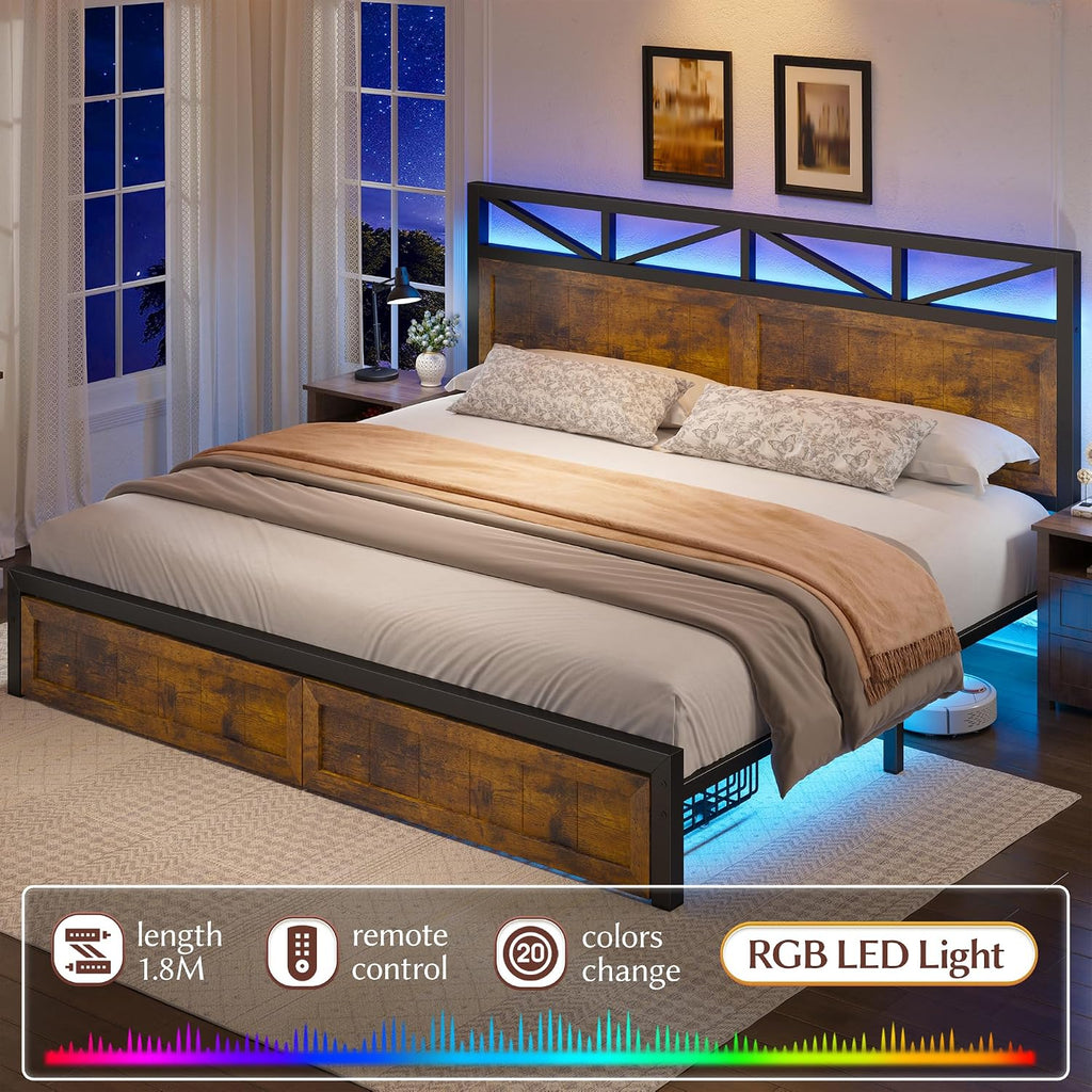 EnHomee King Size Bed Frame with Headboard, 2 Large Drawers Platform Bed with LED Lights and Built-in Charging Station, No Box Spring Needed, Noise-Free Metal Bed for Bedroom,Brown