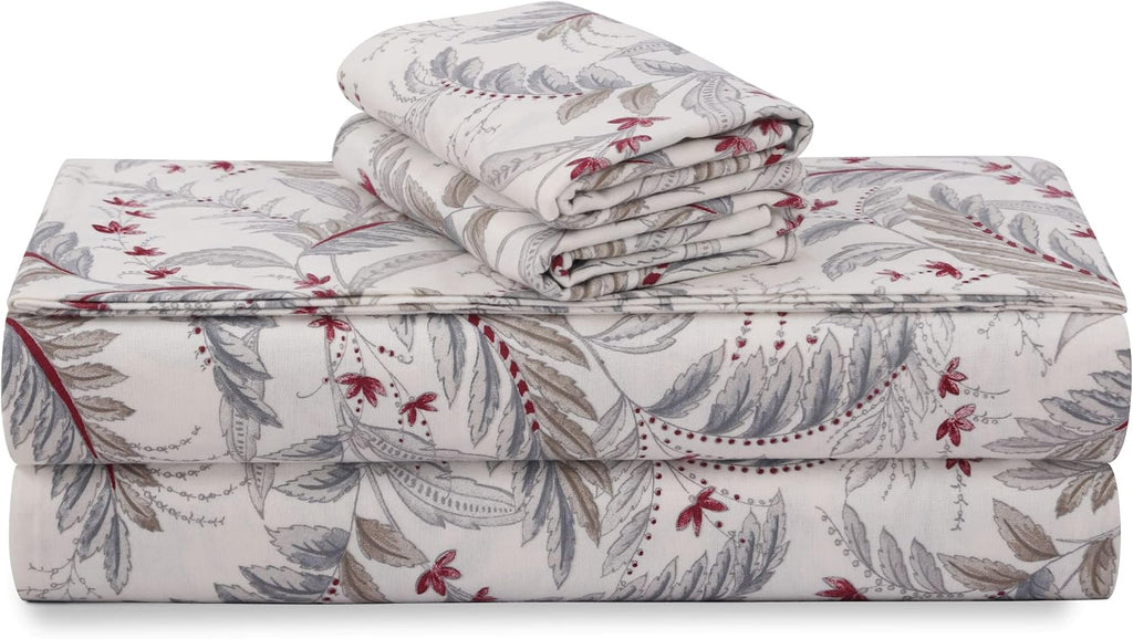 Tribeca Living Portuguese Cotton Flannel Sheets Queen Size - 170-GSM Deep Pocket Bed Sheet Set for Mattresses up to 21 Inches - 4 Piece Ultra-Soft Printed Bedding in Chiara Leaves
