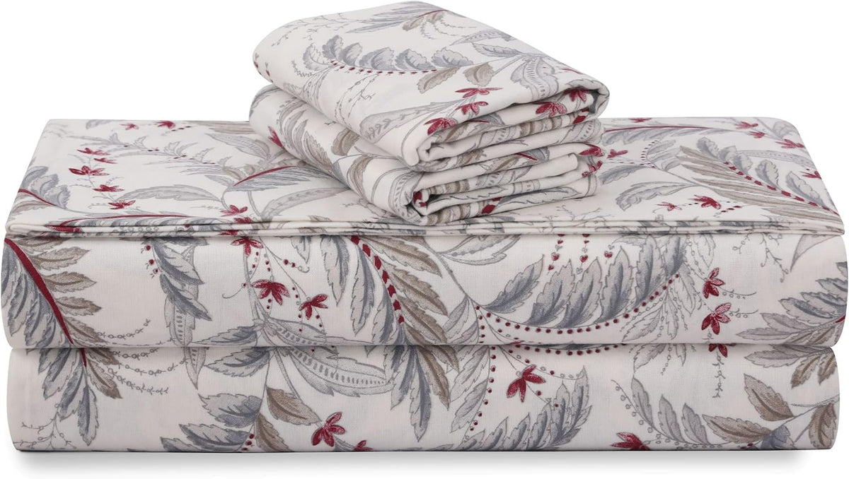 Tribeca Living Portuguese Cotton Flannel Sheets Queen Size - 170-GSM Deep Pocket Bed Sheet Set for Mattresses up to 21 Inches - 4 Piece Ultra-Soft Printed Bedding in Chiara Leaves