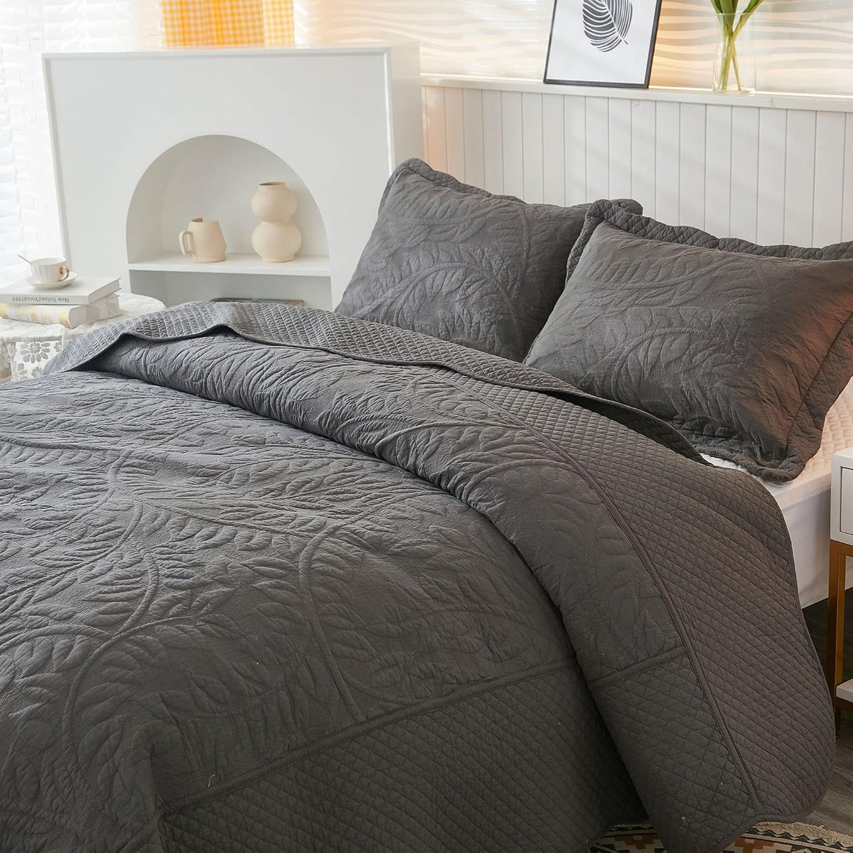 MarCielo 3-Piece 100% Cotton Oversized Bedspread Lightweight Quilt Coverlet Embroidery Farmhouse Bedding Set T0 (Dark Grey, Oversized King (118'x106'))