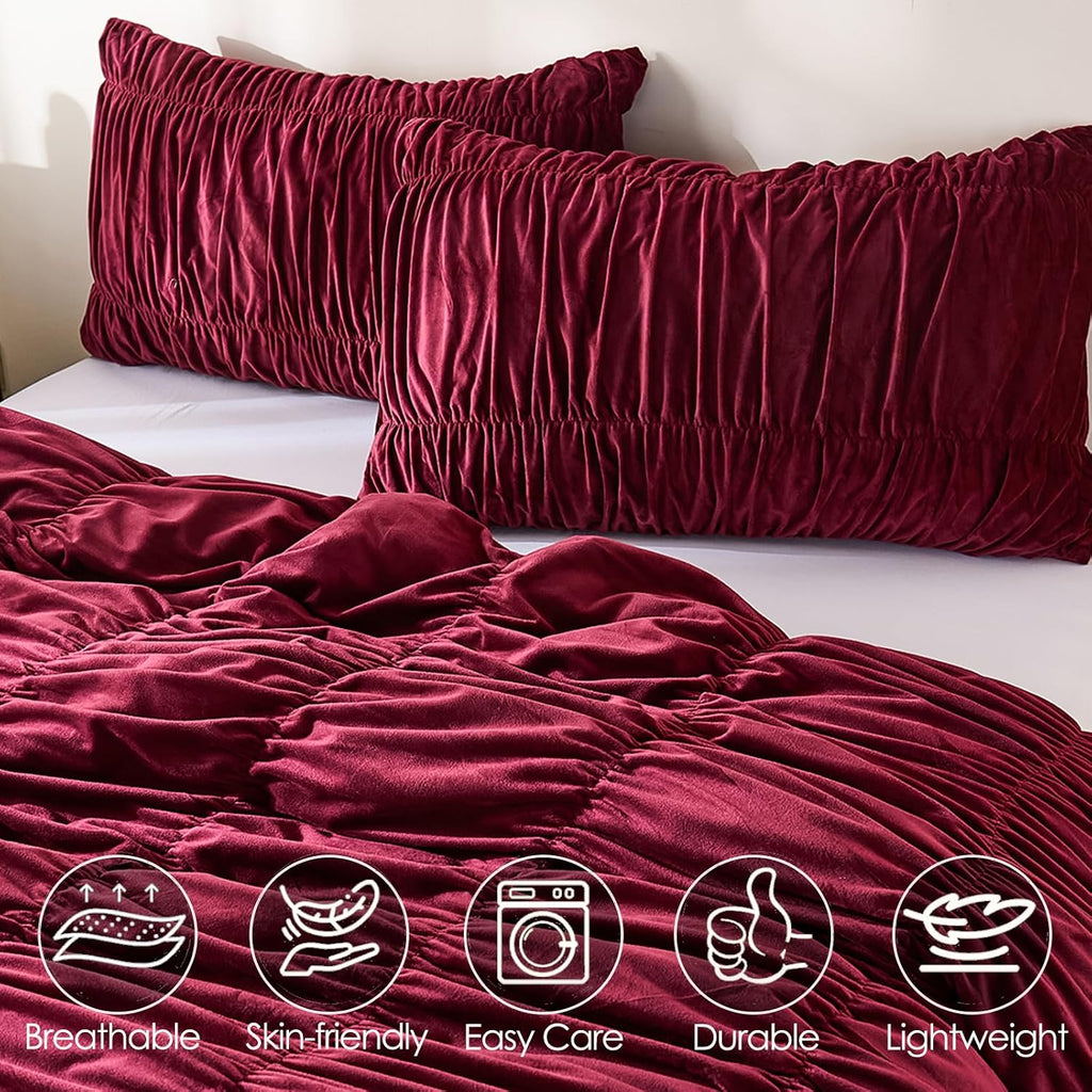 Bedbay Burgundy Velvet Queen Comforter Set,Boho Shabby Chic Ruched Bedding Comforter,Aesthetic Vintage Bedding Fluffy Ruffle Comforter Set,Ultra Soft Velvet Chenille Quilt Set,Red Full/Queen 3 Piece
