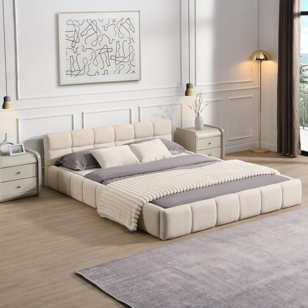 JIJIWANG Elegant Queen Size Upholstered Platform Bed，Boucle Ground Platform Bed with Checkerboard Design Thick Headboard and Footboard, Block Style, Beige