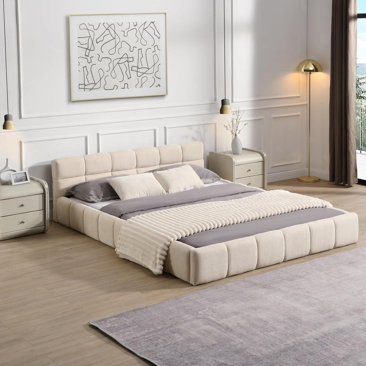 JIJIWANG Elegant Queen Size Upholstered Platform Bed，Boucle Ground Platform Bed with Checkerboard Design Thick Headboard and Footboard, Block Style, Beige