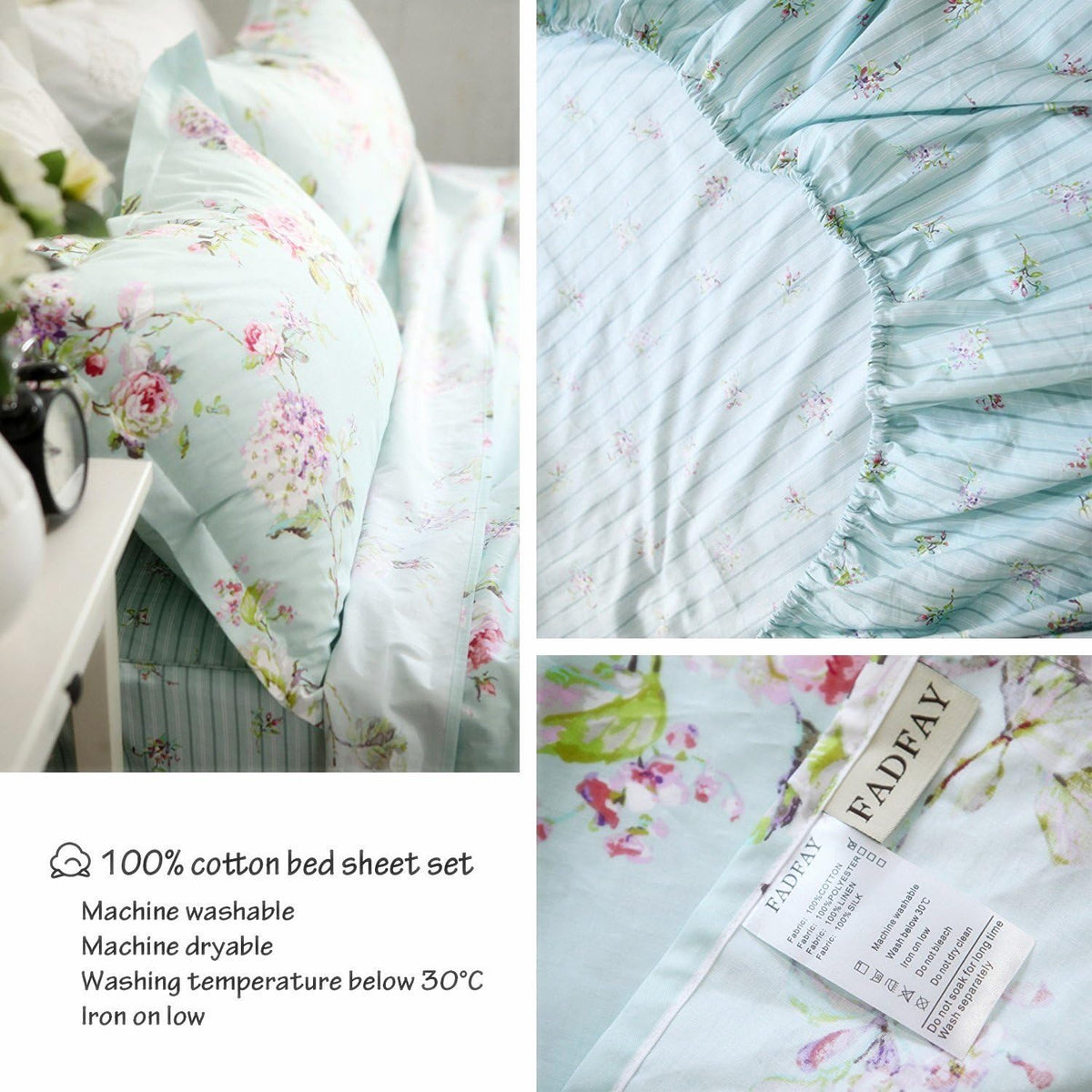 FADFAY Bed in a Bag Set 7-Pieces Shabby Floral Bedding Set Queen Size Premium 100% Cotton Hydrangea French Country Deep Pocket Sheets Zipper Duvet Cover Pillow Shams Set