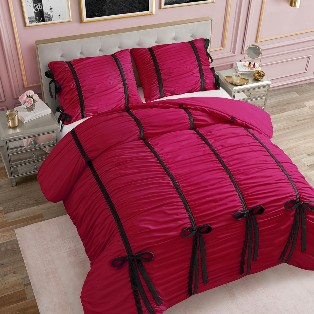 Juicy Couture Hot Pink Amelie Velvet Bows Ruched Queen/Full Comforter Set - 3 Piece Stylish Bedding Ensemble