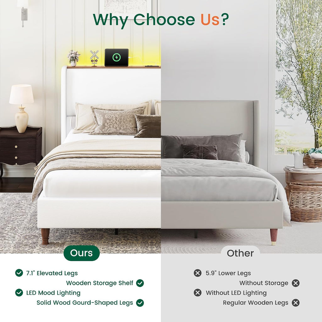 LARMACE King Size Bed Frame with LED Lights and Charging Station Linen Upholstered Platform Bed Frame with 51.2' Tall Wingback Headboard and Storage Shelf, No Box Spring Needed, Easy Assembly, Cream