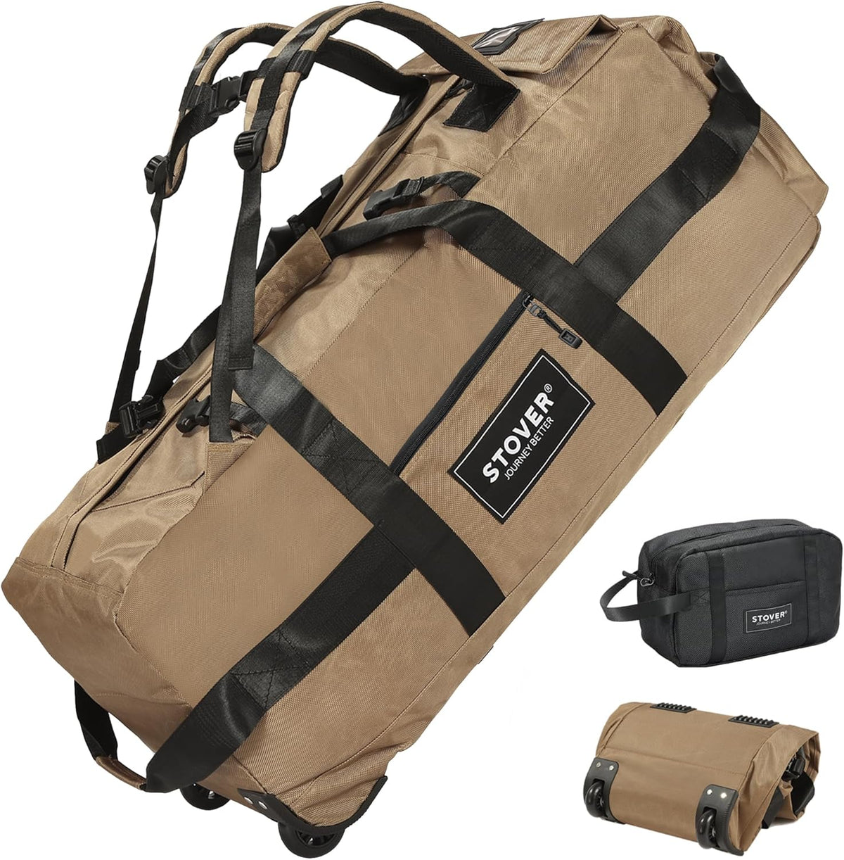 STOVER 45/80/100L Rolling Duffel Bag with Wheels, Large Durable Travel Duffle + Toiletry Bag, Heavy Duty, Packable, Foldable with Shoulder Straps- Use as Luggage or Backpack, Men/Women (Tan)
