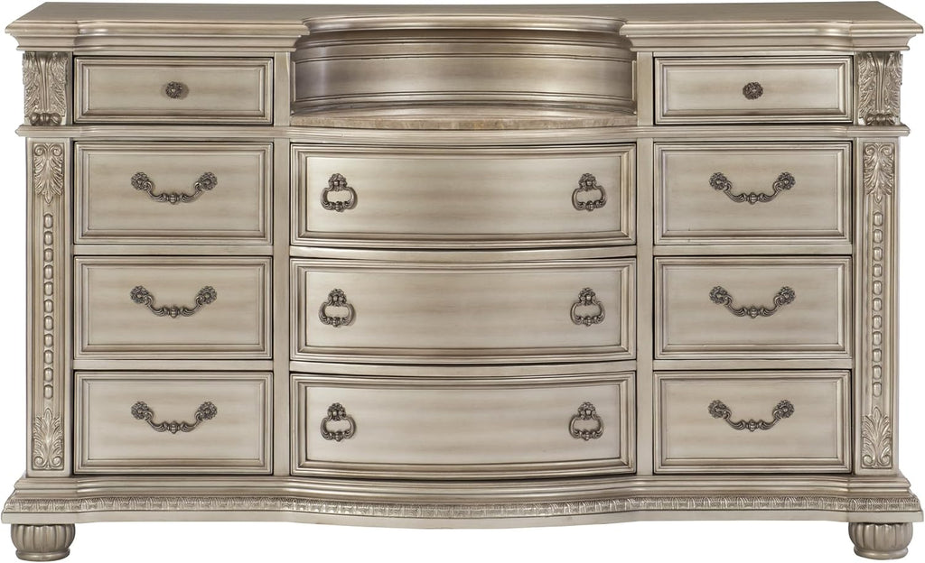 Classic Traditional Bedroom 4pc Set King Size Upholstered Bed Silver Finish Marble Top Formal Wooden Furniture