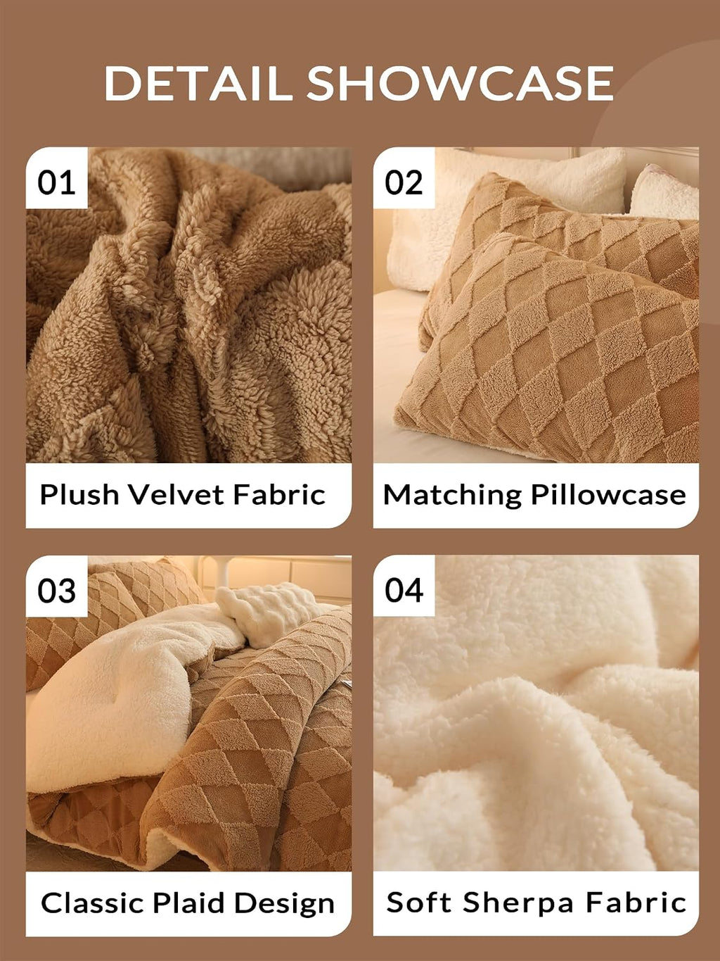 Tufted Fleece Comforter Set King - Super Soft Warm Fluffy Shaggy Bedding Sets, Diamond Plaid Jacquard Bed Set for Winter, 1 Sherpa Comforter with 2 Pillow Cases (104'X90' Beige)