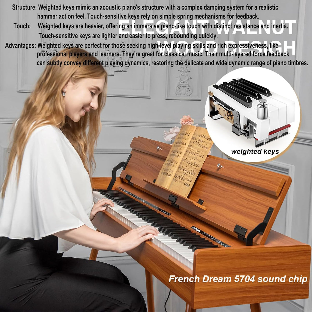 UISCOM 88 Key Weighted Digital Piano - Wooden Desk Electric Piano Transforms Between Desk and Vanity - Progressive Hammer-Action Keyboard, Perfect for Beginners with MIDI Functionality