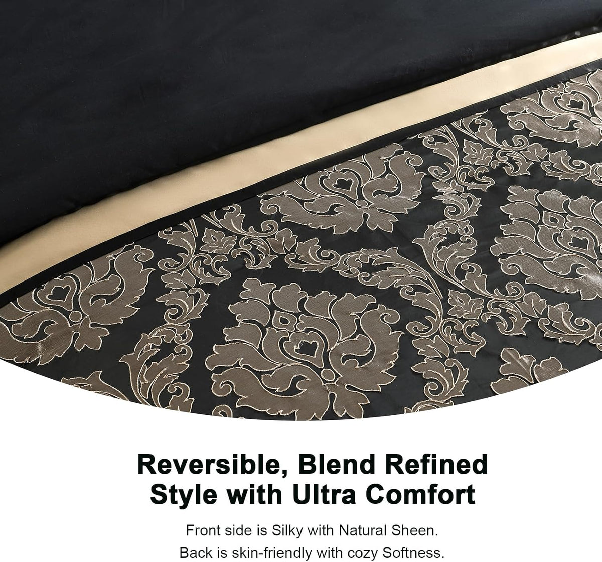 PANGUSHAN 7 Pieces Comforter Set Queen Size, Luxury Silky Elegant Jacquard Fluffy Reversible Bedding Set with Bed Skirt, Shams and Pillows, Bed in a Bag Queen, Down Alternative, Black/Gold