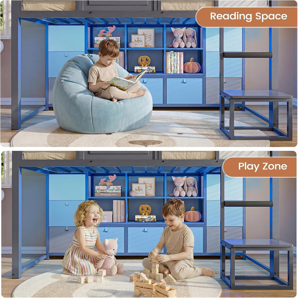 VIAGDO Twin Size Low Loft Bed with 9 Storage Drawers, Bookcase and LED Lights, House-Shaped Metal Twin Loft Bed with Step Stool and Safety Guardrail, Kids Loft Bed with Under-Bed Play Space, Grey