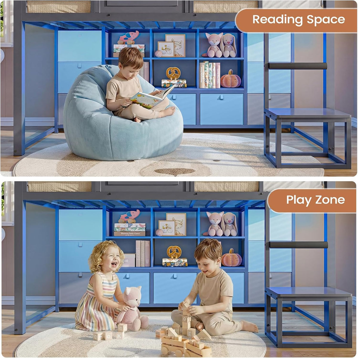 VIAGDO Twin Size Low Loft Bed with 9 Storage Drawers, Bookcase and LED Lights, House-Shaped Metal Twin Loft Bed with Step Stool and Safety Guardrail, Kids Loft Bed with Under-Bed Play Space, Grey