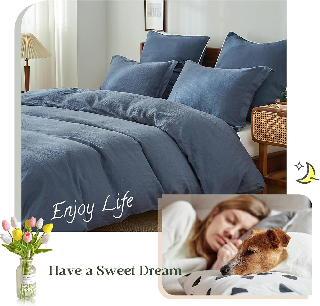 Simple&Opulence 100% Linen Duvet Cover Set, 3 PCS Classic Blue Duvet Cover Queen Size, Breathable Soft Comfy Linen Bedding Comforter Cover with 2 Pillowcases(Classic Blue, 88'x92')