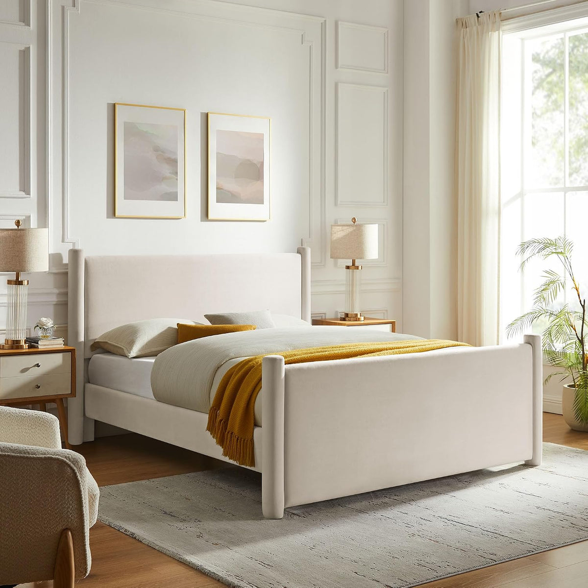 Modway Rael Full Platform Bed Frame with Upholstered Headboard and Footboard in Alabaster – Stain-Resistant Performance Velvet Full Size Bed with Rounded Posts