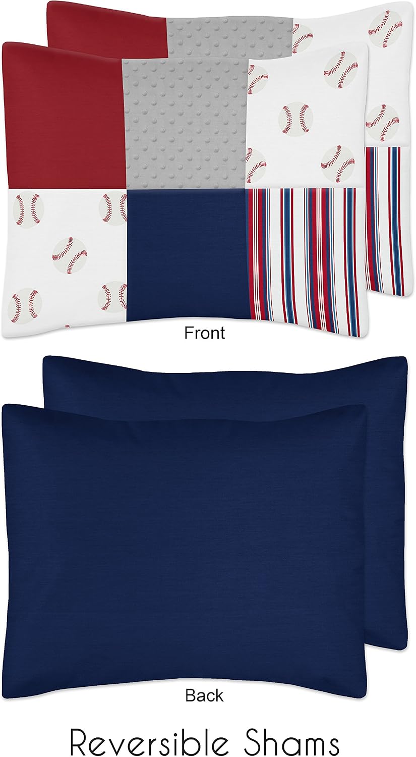 Sweet Jojo Designs Red, White and Blue Baseball Patch Sports Boy Full/Queen Kid Teen Bedding Comforter Set - 3 Pieces - Grey Patchwork Stripe