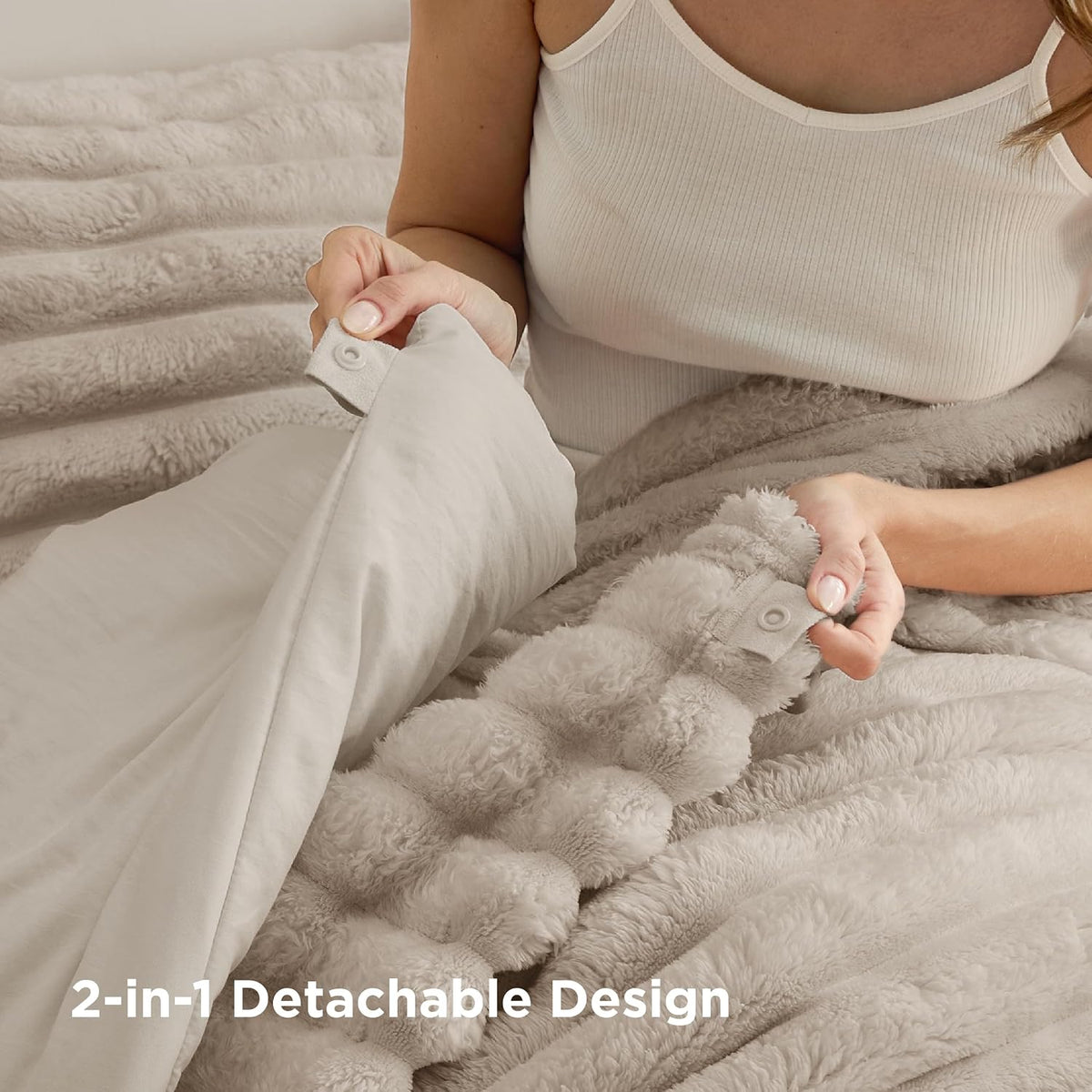 Bedsure Gentlesoft™ 2-in-1 Oversized King Comforter Set and Detachable Fluffy Blanket, Beige Bedding Set for All Season Use, Detachable Design for Space Saving (Includes 2 Pillow Shams, 2 Pillowcases)