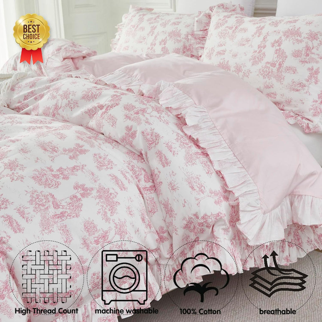 Brandream French Country Toile Queen Duvet Cover Set for Girl Women Bedroom Vintage Pink Toile Floral Print 100% Cotton Duvet Quilt Comforter Cover Pillow Shams Set with Delicate Ruffle Fringe