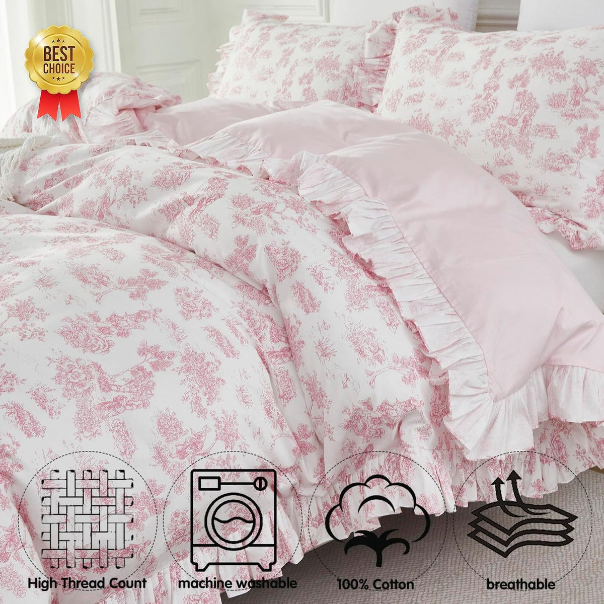 Brandream French Country Toile Duvet Quilt Cover King Size 100% Cotton Bedding Set Toile Tapestry Pattern Garden Floral Printed Blossom Tree Branches Delicate Ruffle Fringe Design