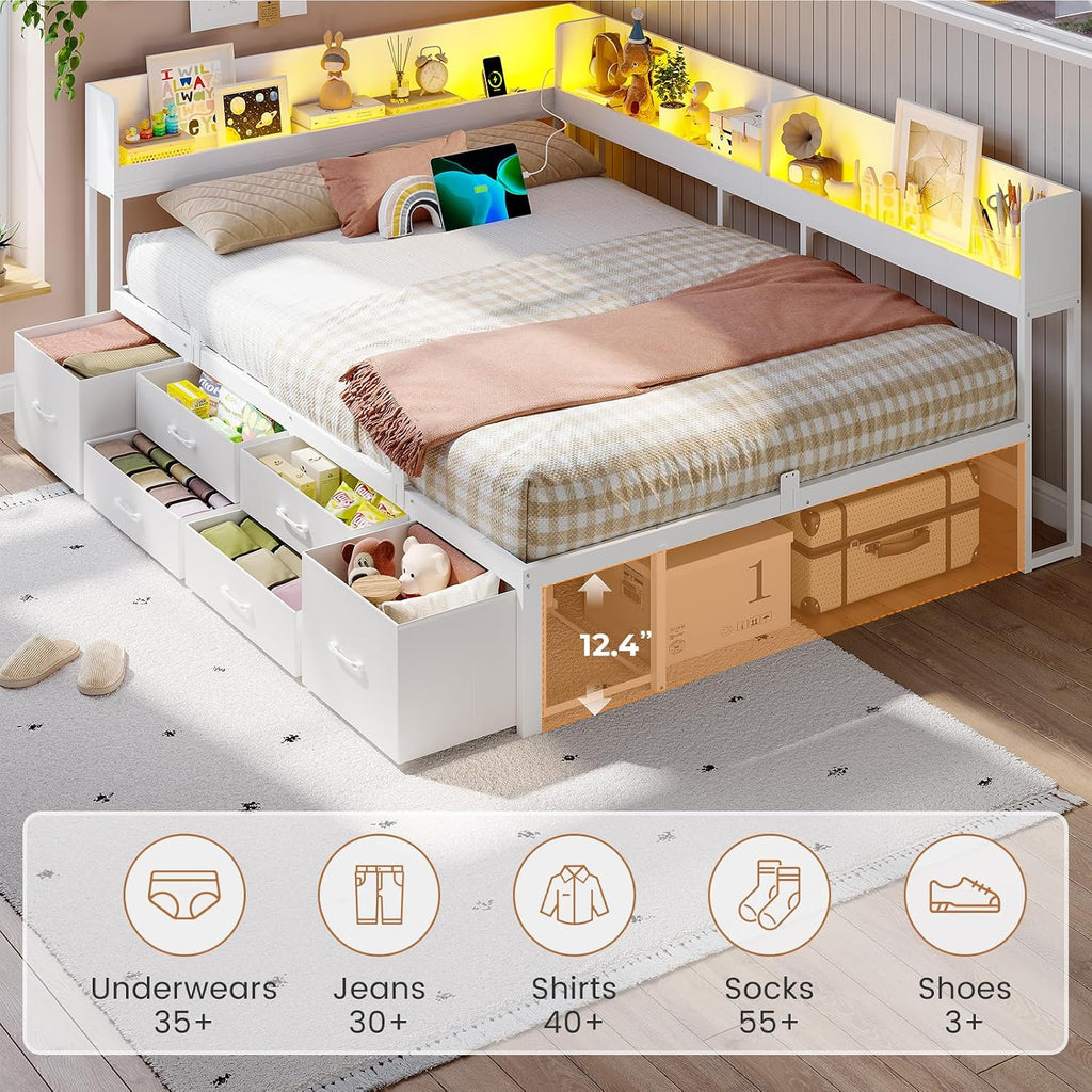 VIAGDO Corner Bed Frame Full with Storage Bookcase and 6 Drawers, Metal Platform Corner Bed Frame with LED Lights and Charging Station, Full Daybed for Kids Teenagers, White