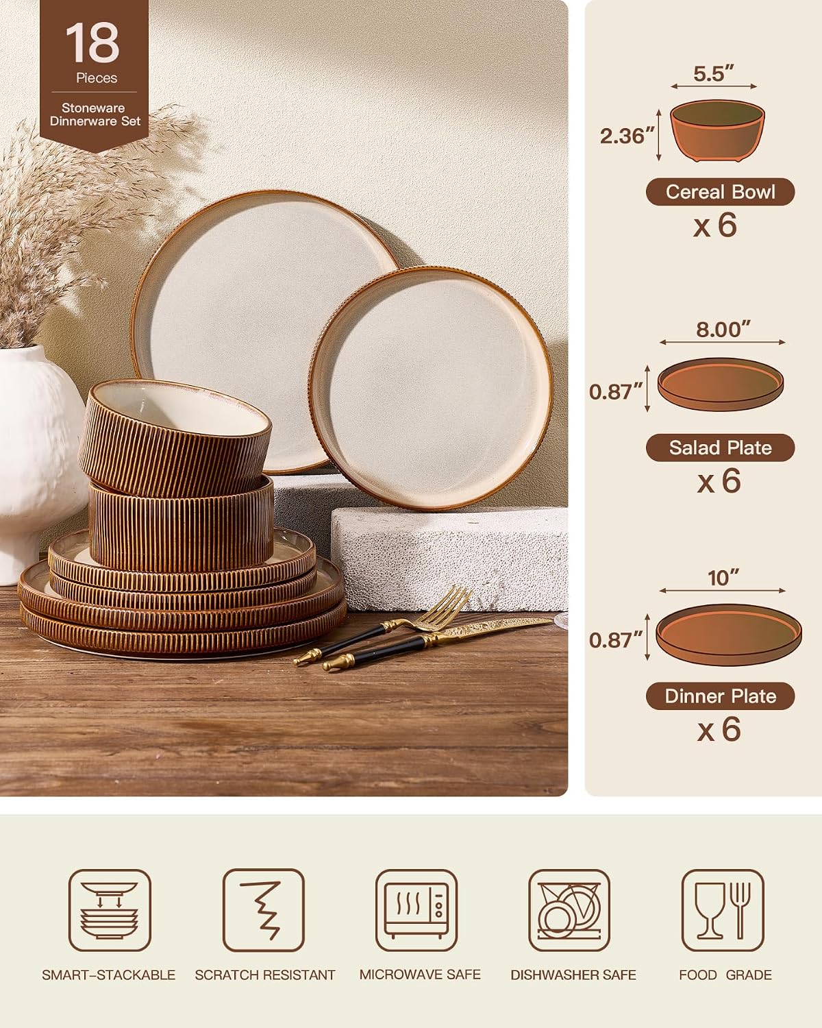 Stoneware Plates and Bowls Dishes Sets Service for 6 (18-Piece), Famiware Premium Handcrafted Reactive Glaze Dinnerware Set with Raised Rim, Scratch Resistant, Microwave Dishwasher Safe, Cream Cocoa