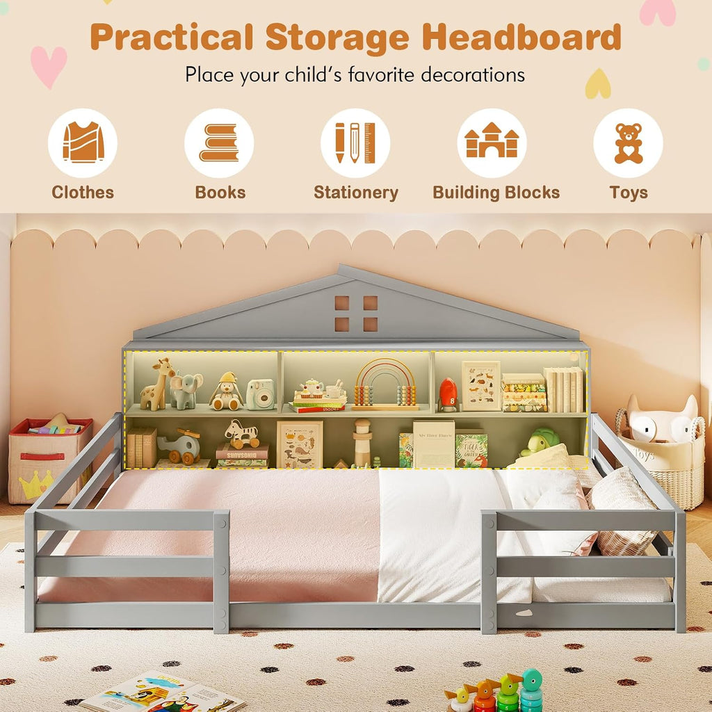 KOMFOTT Full Floor Bed with Bookcase & LED Light, Wood Bed Frame with Bedside Bookshelves & Guardrails, Versatile 2-in-1 Montessori Floor Bed for Kids (Grey)
