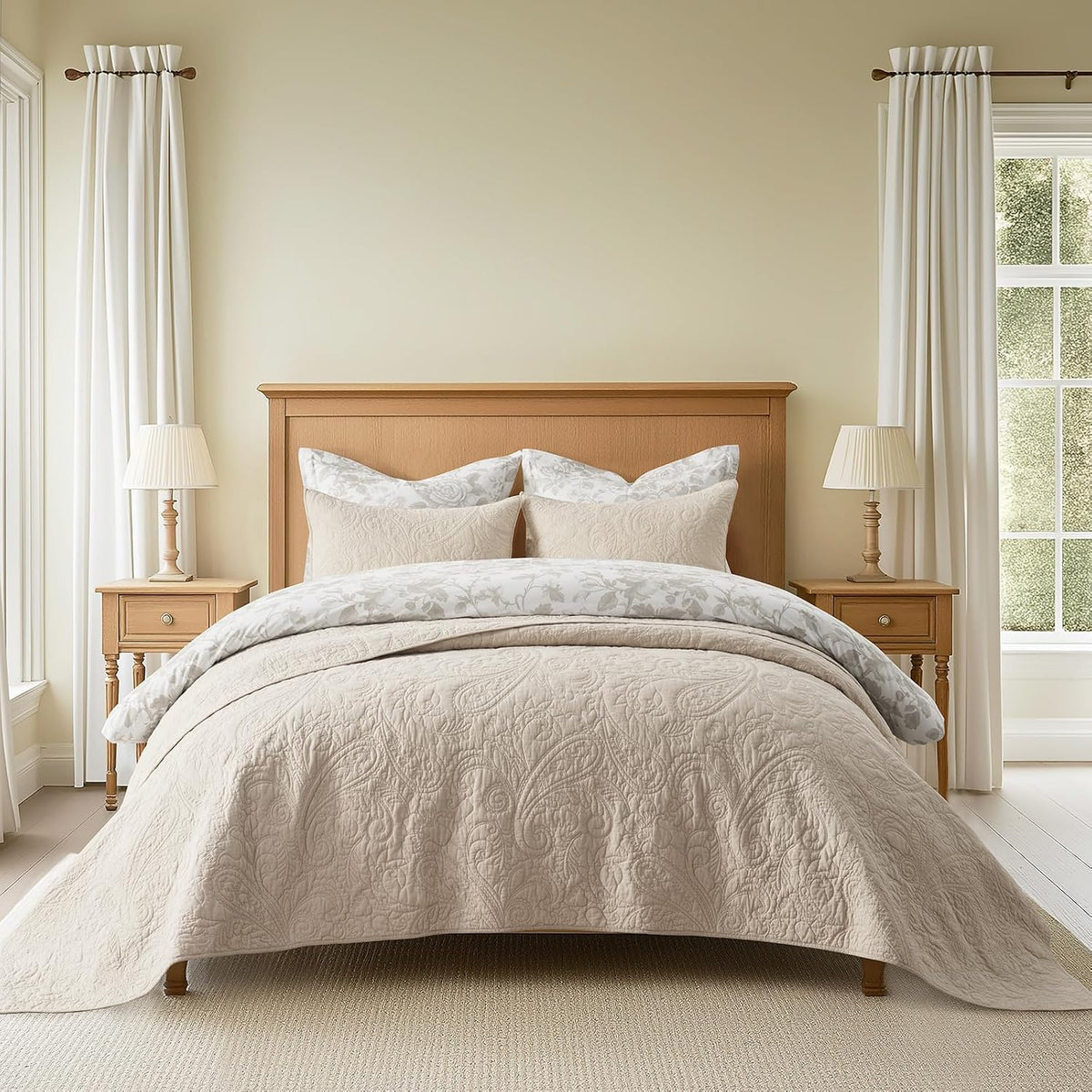 EVERGRACE 100% Cotton Paisley Quilt Set, Oversized King 3 Piece Set – Prewashed Lightweight Bedspread with 2 Shams, Soft & Breathable Matelasse-Style Quilted Coverlet, Flax Beige