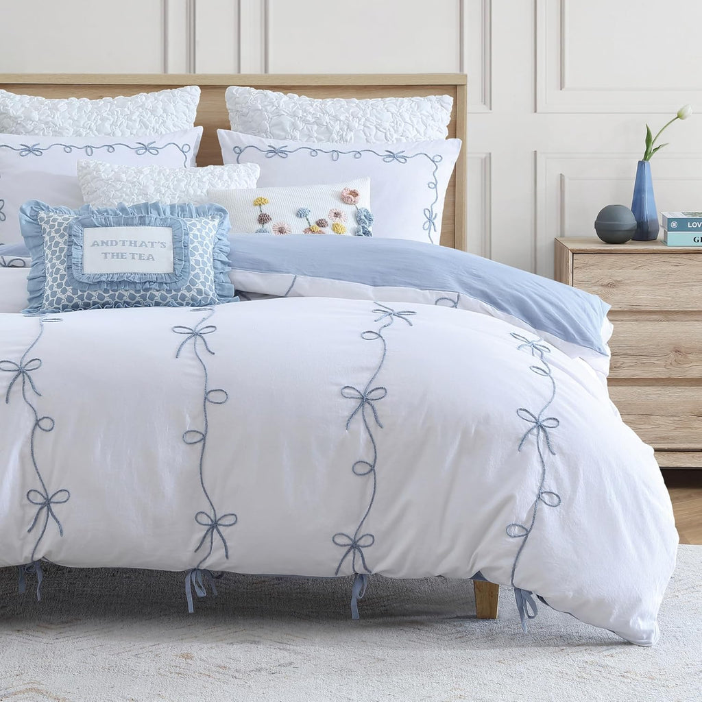 Peri Home Bows Duvet Cover Set 100% Cotton 3-Piece Bedding, King, Blue Sasha Bows