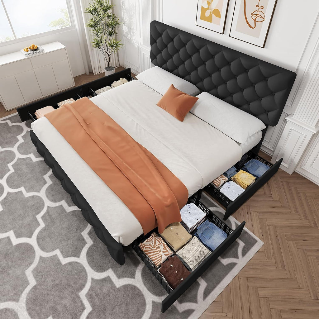 GarveeHome King Size Bed Frame with 4 Storage Drawers and Adjustable Headboard, Linen Upholstered Platform Beds, Diamond Stitched Button Tufted, No Box Spring Needed, Black