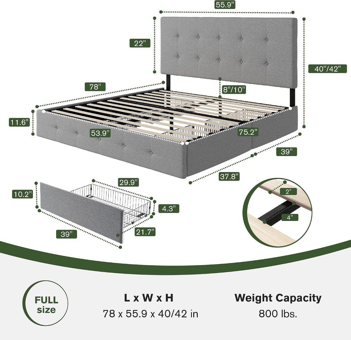 MUTICOR Full Size Bed Frame with 4 Storage Drawers, Upholstered Platform Bed with Button Tufted Adjustable Headboard, No Box Spring Needed, Easy Assembly, Square Tufted, Light Grey Fabric