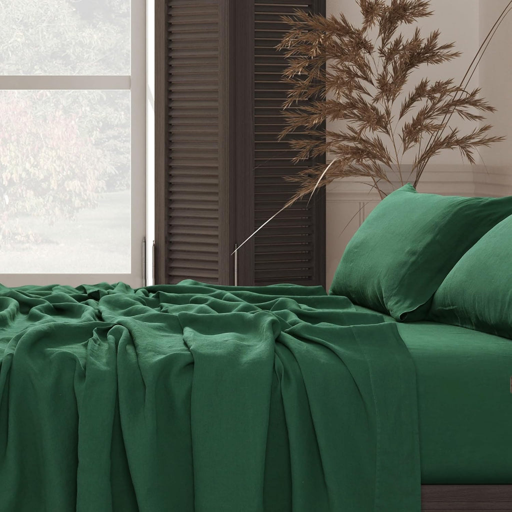 Tribeca Living 100% French Linen 4-Piece Bed Sheet Set, Jade Green, Queen Sheets - Extra Deep Pocket Bed Sheet Set, European Flax Certified, Garment Washed, Solid