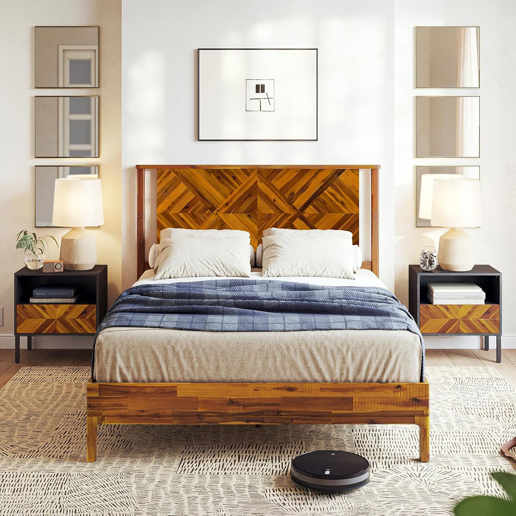 Bme Ethan Queen Bed Frame with Diamond Headboard, Mid Modern, Solid Acacia Wood, No Box Spring Needed, Fits All Mattresses, Rustic Caramel