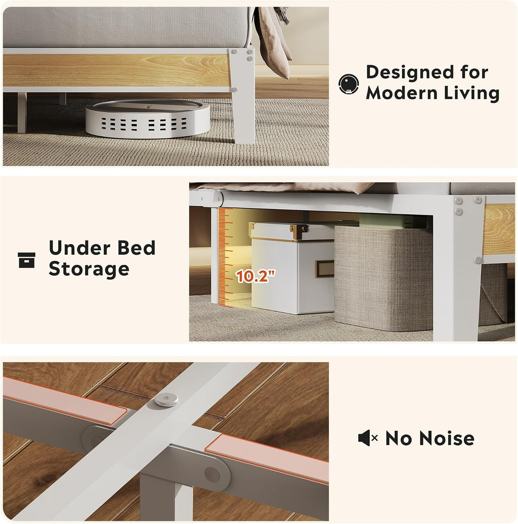 WLIVE Queen Bed Frame with Headboard, Upholstered Bed Frame with 2 Storage Shelves, Platform Bed with LED Lights and Charging Station, 1500LBS Mattress Foundation, No Box Spring Needed, Beige