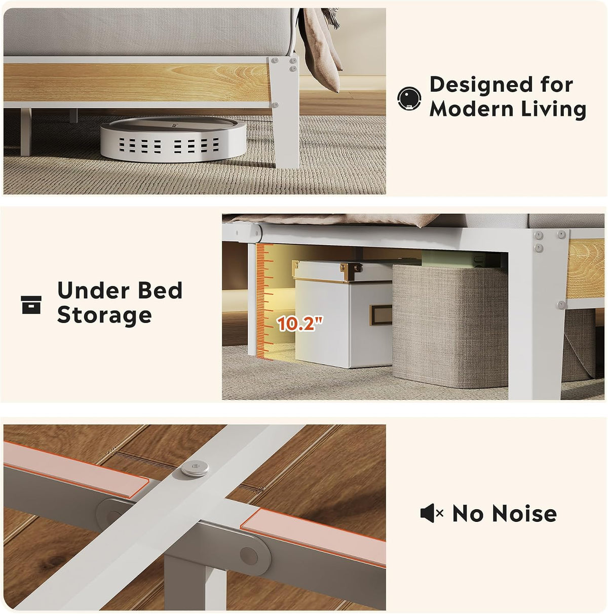 WLIVE Queen Bed Frame with Headboard, Upholstered Bed Frame with 2 Storage Shelves, Platform Bed with LED Lights and Charging Station, 1500LBS Mattress Foundation, No Box Spring Needed, Beige