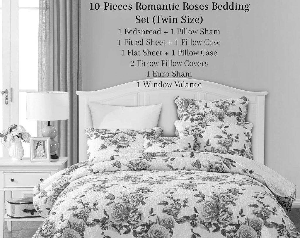 DaDalogy Bedding 10-Pieces Floral Bed in a Bag Set - Romantic Roses Lovely Blooming Pink Bedspread Fitted & Flat Sheets Set w/Throw Euro Sham Pillow Covers & Window Curtain Valance - Twin Size