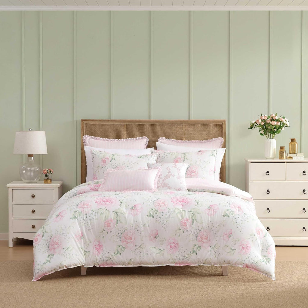 Laura Ashley - Twin Bonus Comforter Set, Reversible Bedding with a Naturally Soft Feel, 5 Piece Bed Set with Matching Pillowcases, Euro Shams, & Throw Pillow Covers (Serenity Roses/Mattie Stripe Pink)