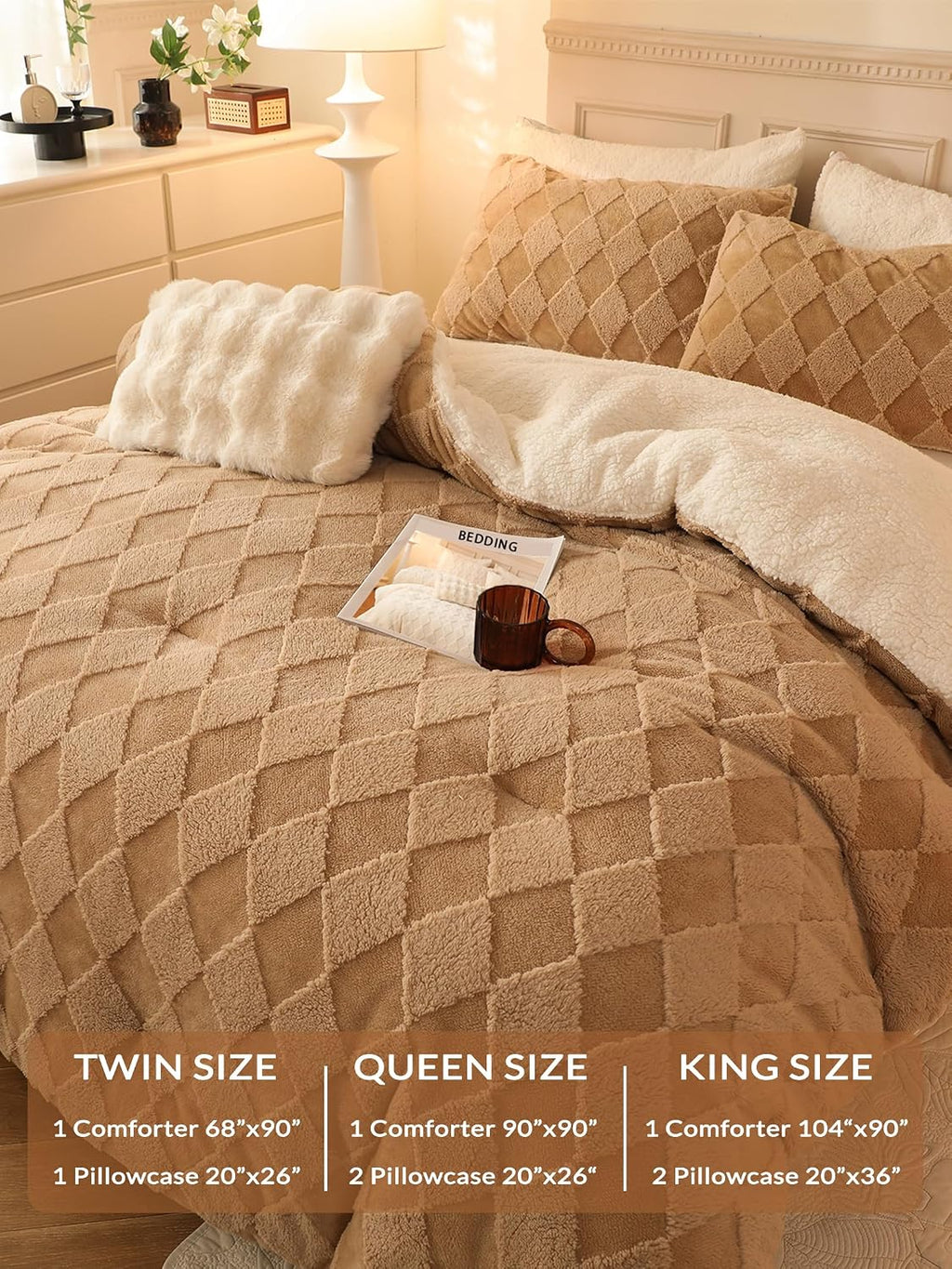Tufted Fleece Comforter Set King - Super Soft Warm Fluffy Shaggy Bedding Sets, Diamond Plaid Jacquard Bed Set for Winter, 1 Sherpa Comforter with 2 Pillow Cases (104'X90' Beige)