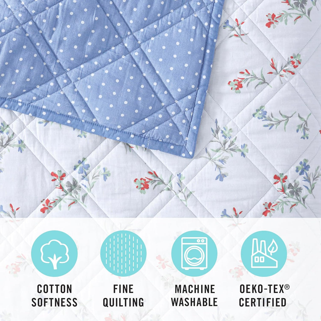 Martha Stewart 100% Cotton 3 Piece Reversible Quilt Set, Washed, Percale, Light Blue/White, 1 Quilt, 2 King Shams, Soft and Breathable, Lightweight, Ditsy Floral Printed Bedspread, King Size