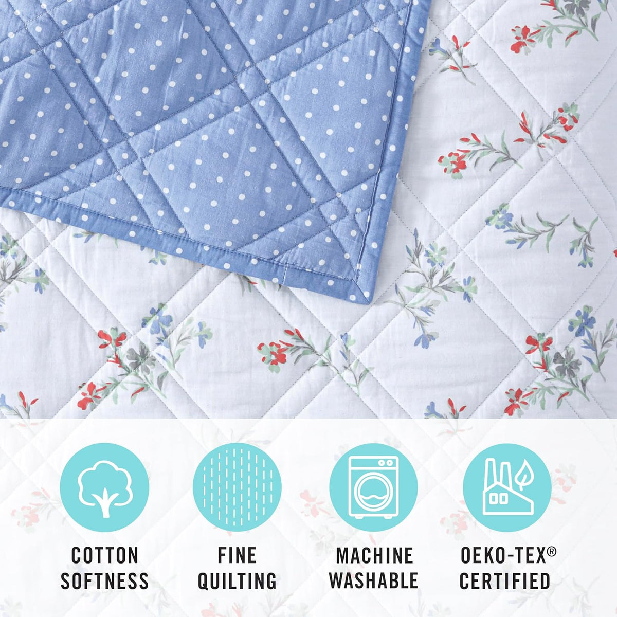 Martha Stewart 100% Cotton 3 Piece Reversible Quilt Set, Washed, Percale, Light Blue/White, 1 Quilt, 2 King Shams, Soft and Breathable, Lightweight, Ditsy Floral Printed Bedspread, King Size