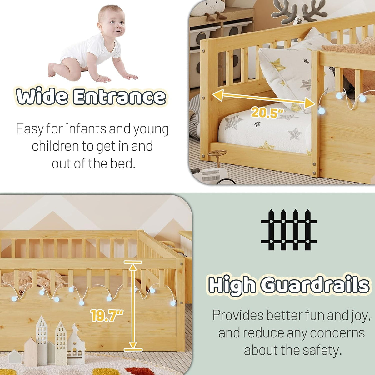 Montessori Floor Bed with High Rails,Twin Size Floor Bed Frame for Kids, LED Lights & Storage Shelf, Safe & Wider Opening Gate Design, Playground & Sleep Space for Girls Boys,Natural