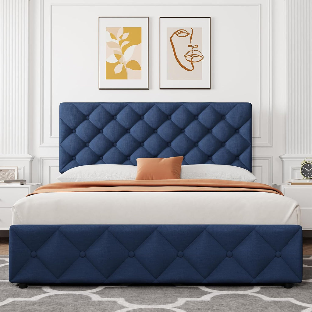 GarveeHome Queen Size Bed Frame with 4 Storage Drawers and Adjustable Headboard, Linen Upholstered Platform Beds, Diamond Stitched Button Tufted, No Box Spring Needed, Blue