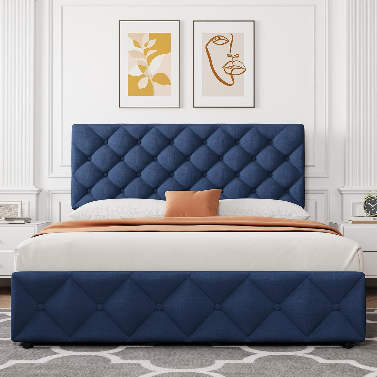 GarveeHome Queen Size Bed Frame with 4 Storage Drawers and Adjustable Headboard, Linen Upholstered Platform Beds, Diamond Stitched Button Tufted, No Box Spring Needed, Blue