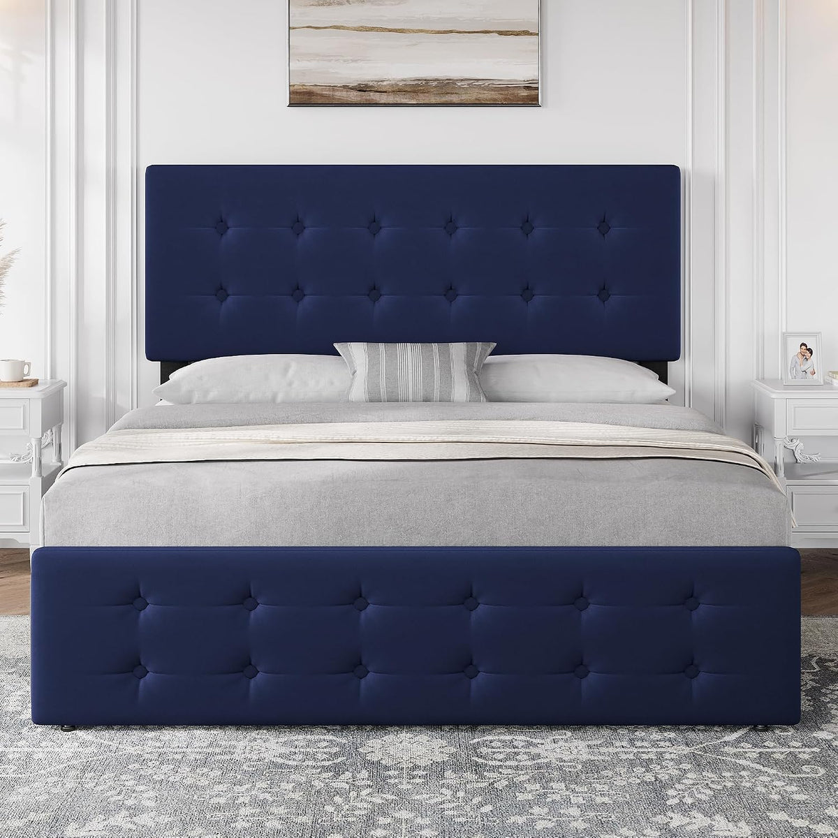 GarveeHome Full Size Bed Frame with 4 Storage Drawers and Velvet Upholstered Headboard, Wooden Slats Support, Button Tufted Design, No Box Spring Needed, Blue