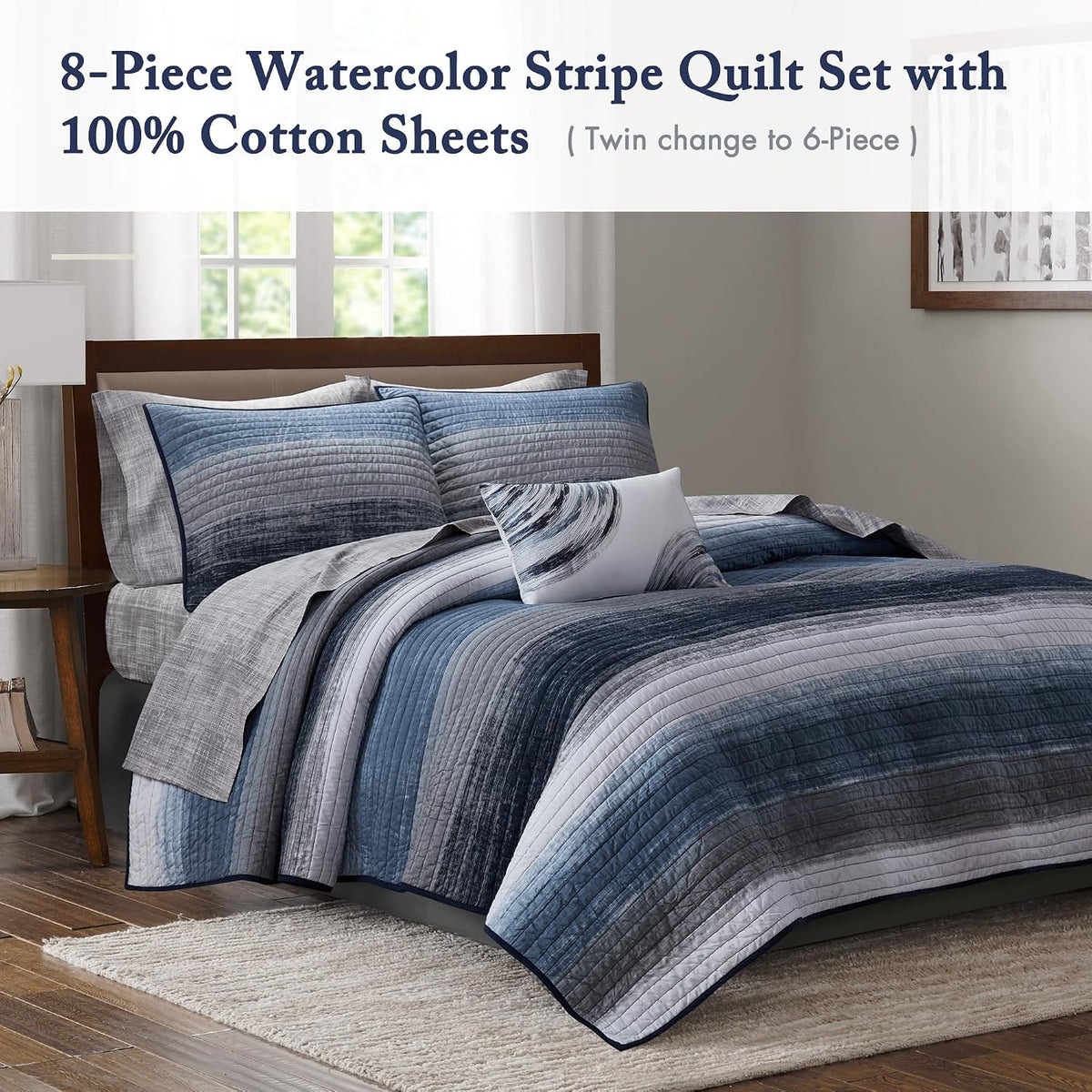 Madison Park Essentials Saben Cozy Bed in A Bag Reversible Quilt with Complete Cotton Sheet Set-Geometric Design All Season Cover, Decorative Pillow, Queen(90'x90'), Stripes Navy 8 Piece