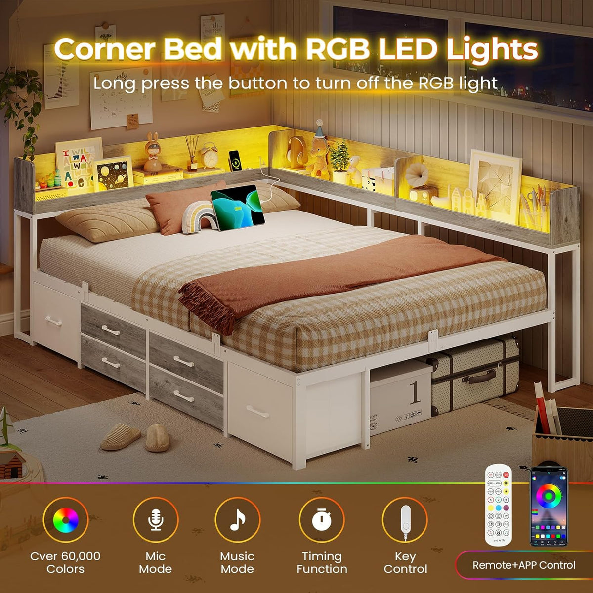 VIAGDO Corner Bed Frame Full with Storage Bookcase and 6 Drawers, Metal Platform Corner Bed Frame with LED Lights and Charging Station, Full Daybed for Kids Teenagers, White & Grey