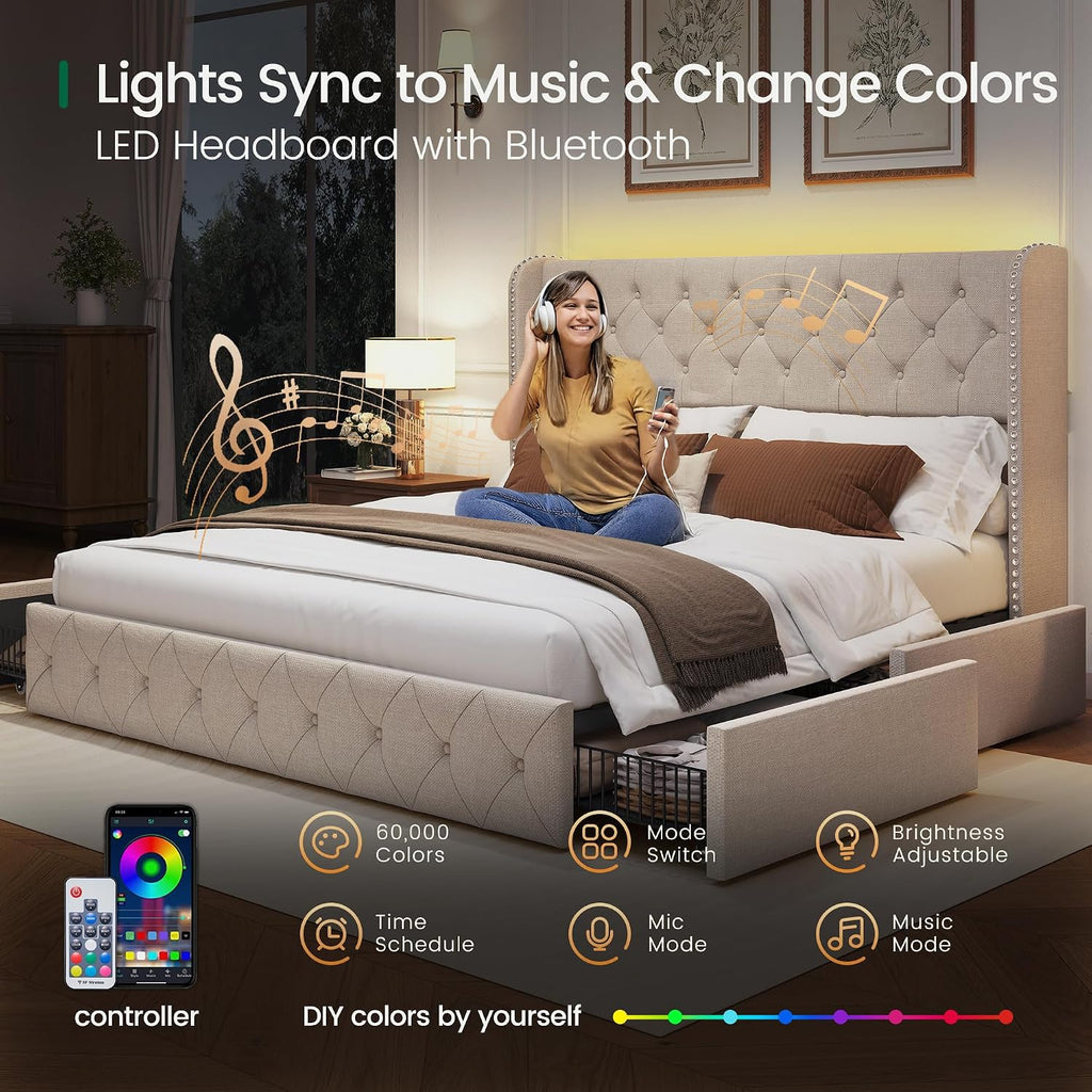LARMACE King Size Bed Frame with LED Lights and 4 Storage Drawers Linen Upholstered Platform Bed Frame with 47.2' Tall Tufted Headboard Wingback, No Box Spring Needed, Easy to Assemble, Beige