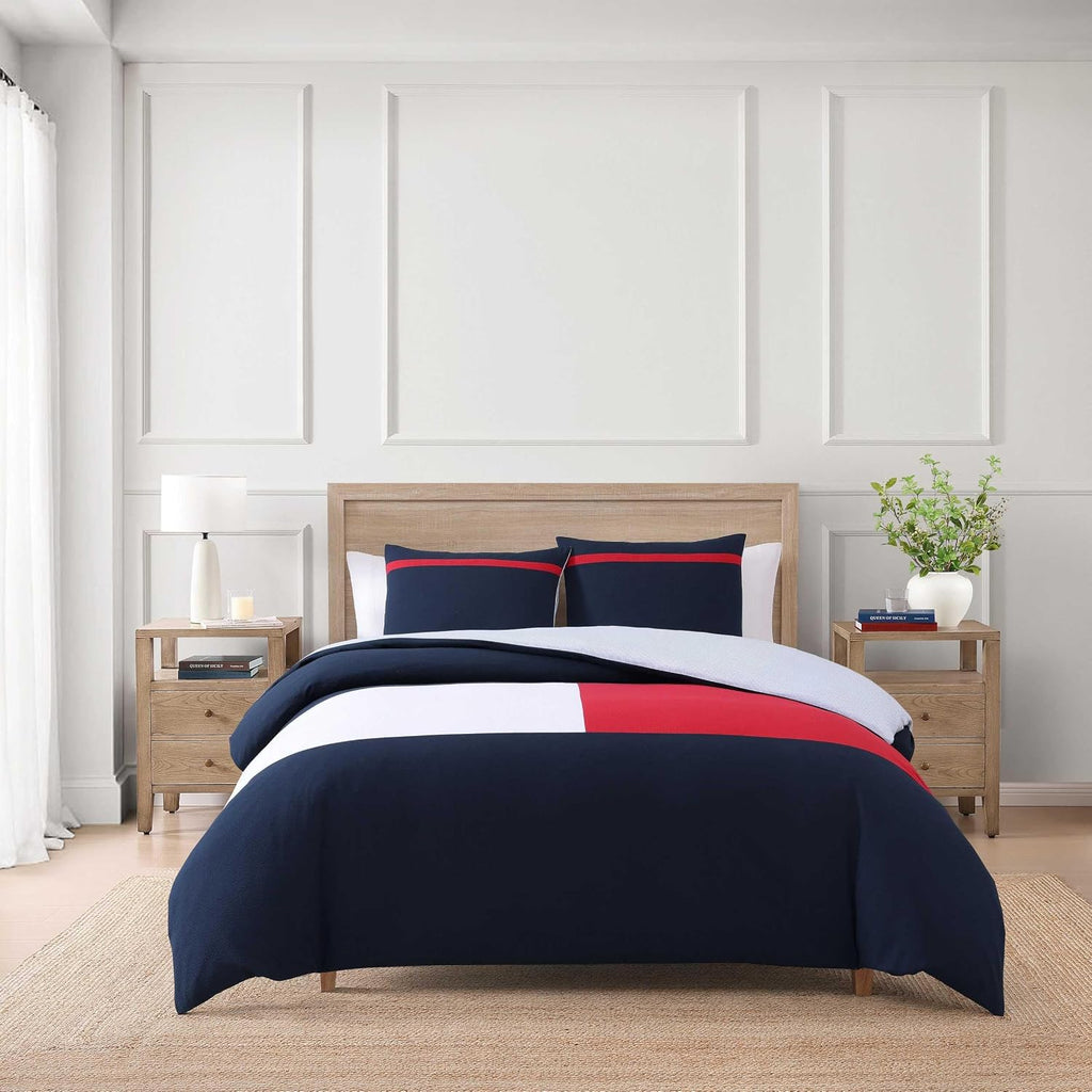 Tommy Hilfiger - Twin Comforter Set, Ultra-Soft Seersucker Bedding with Matching Sham, Reversible Design, Medium Weight, Americana Decor with Flag Design (Iconic Anniversary Blue)